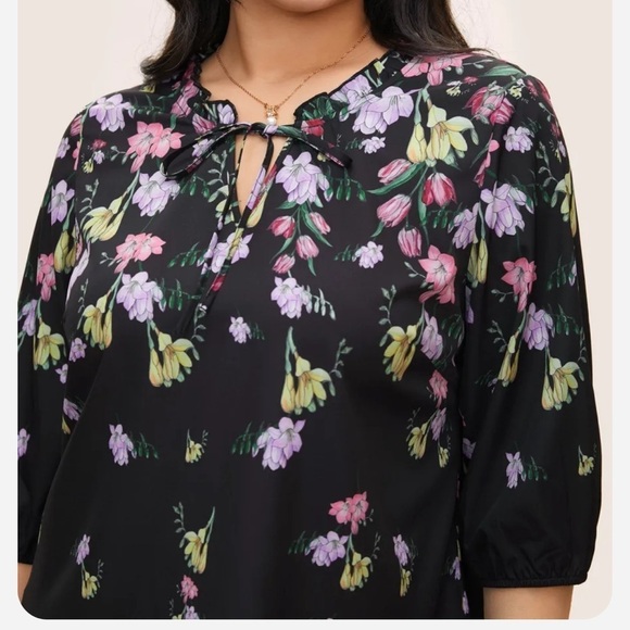 BloomChic Plus Size Boho Print Tie Neck Frill Trim Blouse - Picture 3 of 6